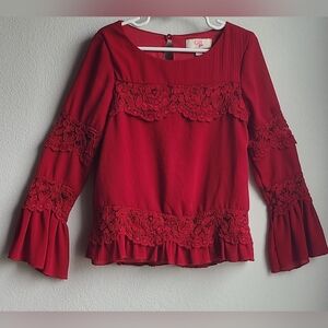 GB Girls - Girl's Deep Red LS Lace Blouse, Sz Small